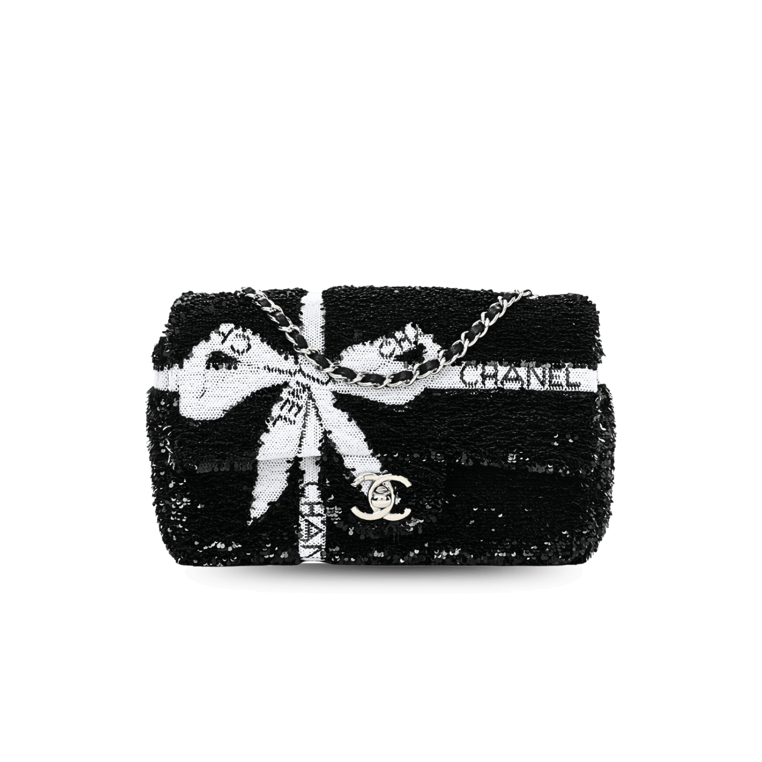 Chanel Bow Flap Mini Crossbody Bag 7.9in/ 20cm Black Sequin Silver Hardware For Women