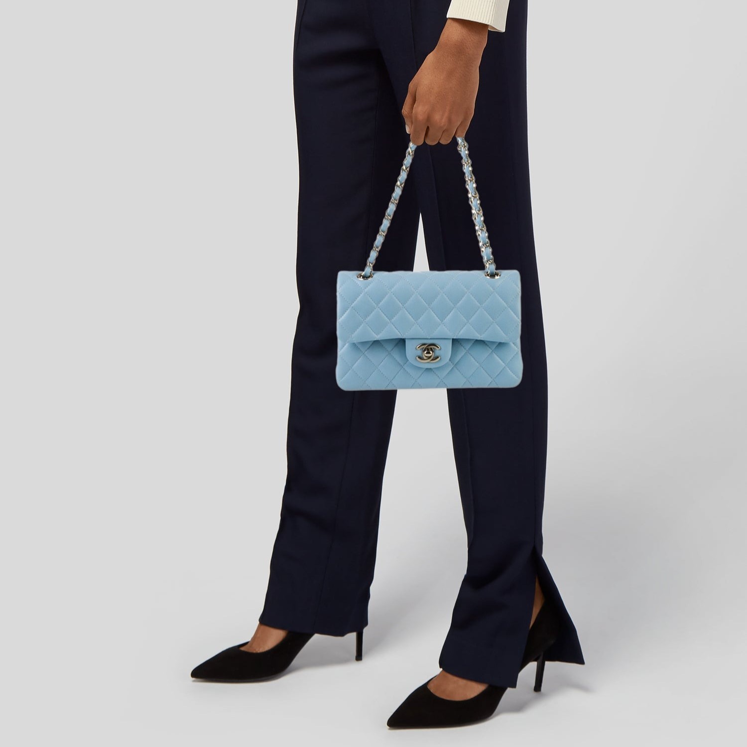 Chanel Small Classic Double Flap Crossbody Bag 9.1in/ 23cm Light Blue Gold Hardware For Women