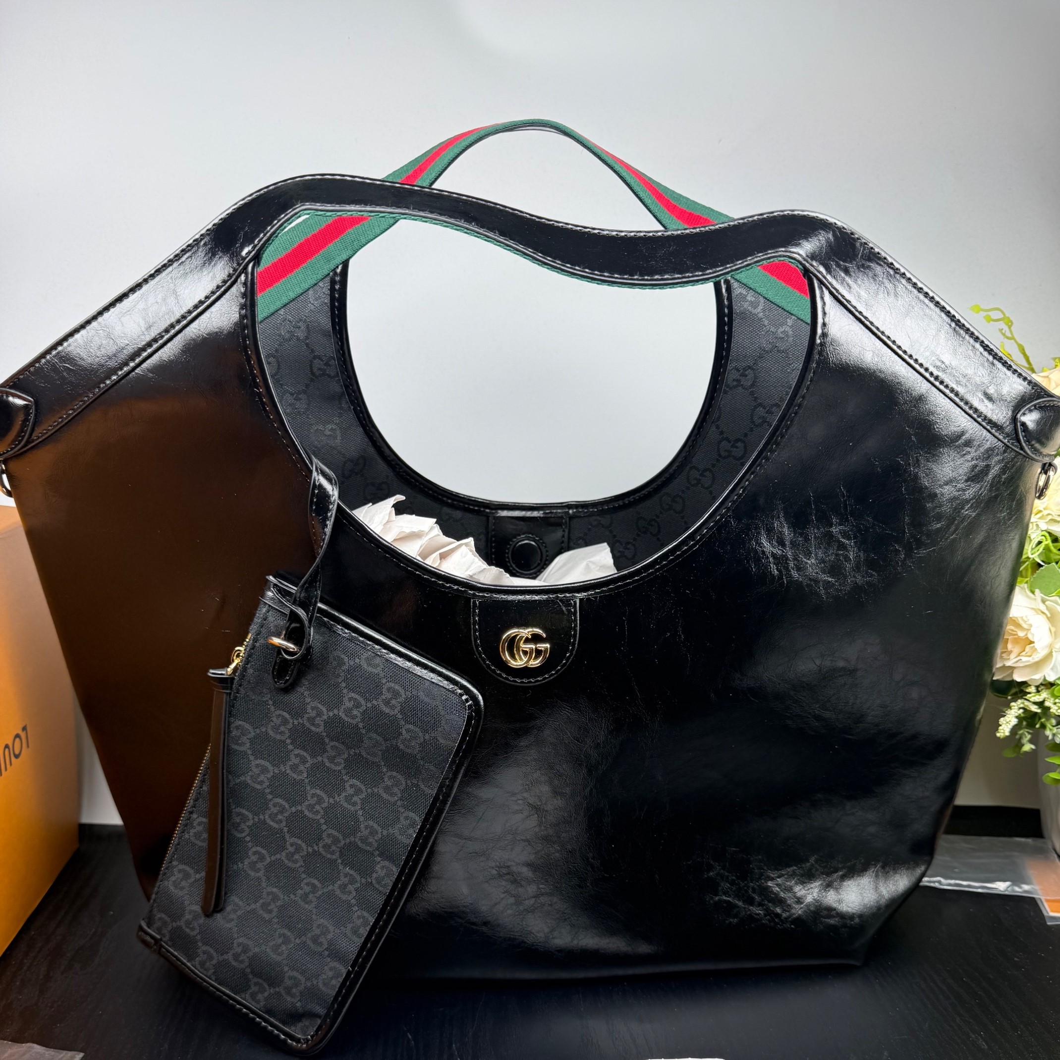 Gucci Giglio Large Tote Bag 21.3in/ 54cm Black Gold Hardware For Women 853971 AAF2H 1060