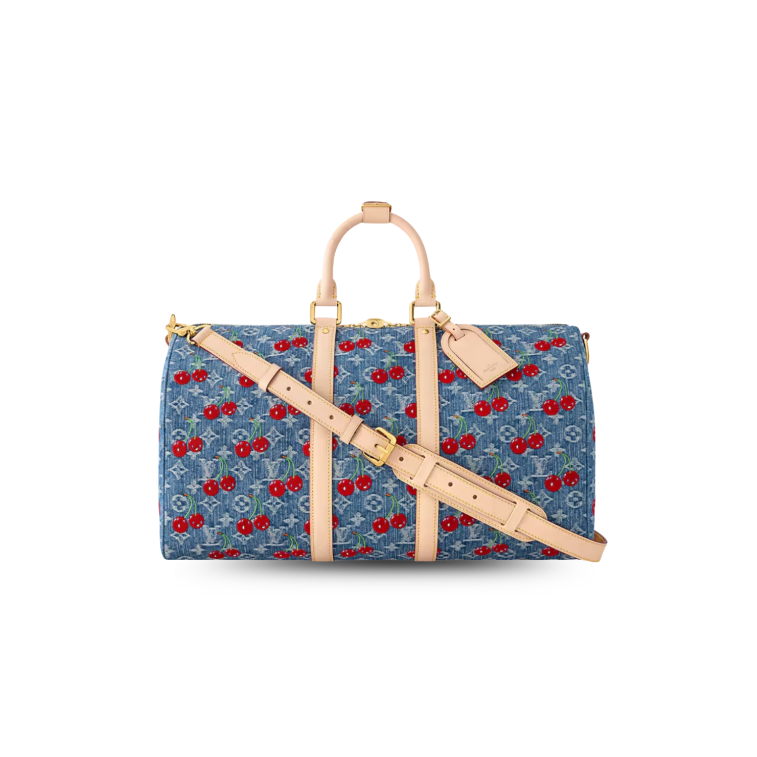 Louis Vuitton LV x TM Keepall Bandouliere 45 Travel Bag 17.7in/ 45cm Cherry Denim Gold Hardware M13875