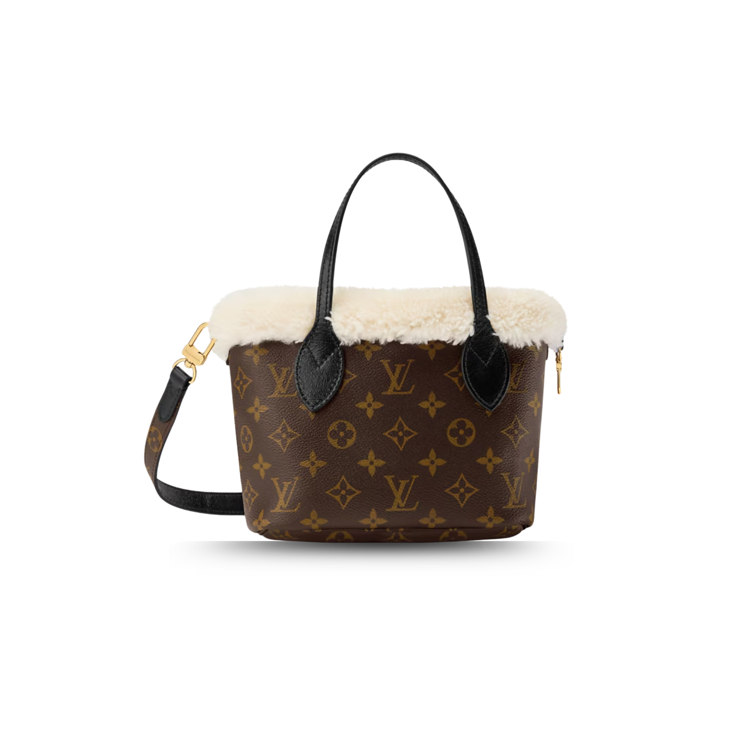 Louis Vuitton Neverfull Bandouliere Inside Out BB Tote Bag 10.4in/ 26cm Monogram Shearling Gold Hardware For Women M26315