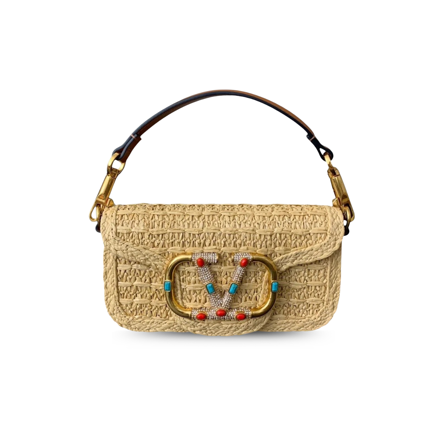 Valentino Garavani Loco Small Shoulder Bag 7.9in/ 20cm Beige Raffia Gold Hardware For Women