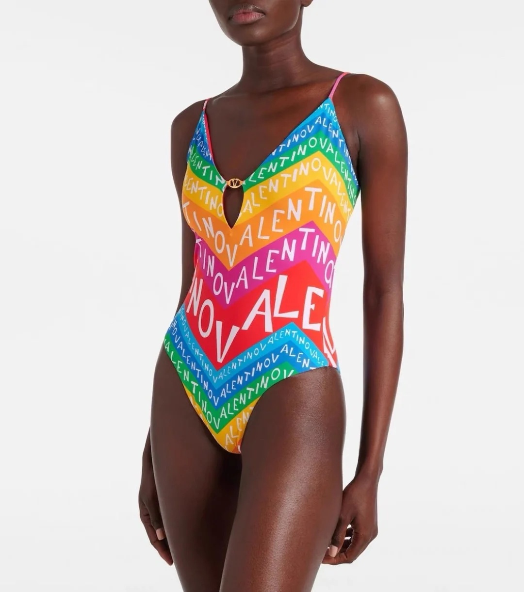 Valentino Rainbow Chevron Logo Cut-Out One-Piece Swimsuit Multicolor For Women